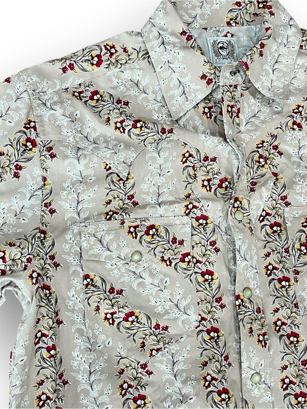 Cinch Men’s Western Pearl snap Shirt Tan Floral Paisley Cotton Blend-M